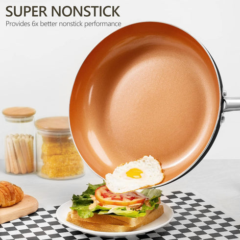 MICHELANGELO 10 Inch Copper Nonstick Frying Pan with Lid, Scratch Resistant Ceramic Coating