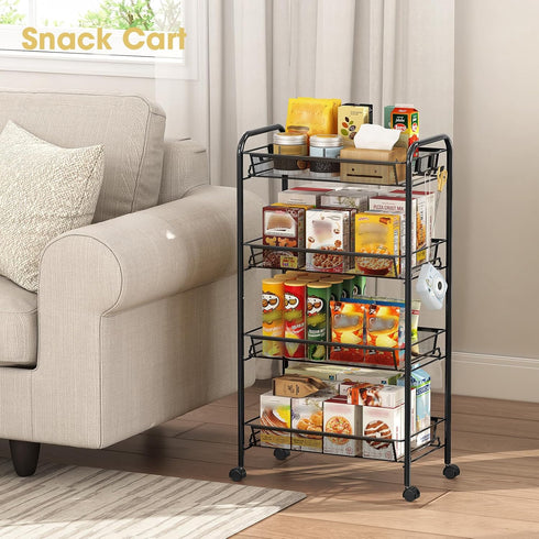 4-Tier 3 TOOLF Rolling Cart, Metal Utility Cart with Hooks, Easy Assemble Mobile Storage Trolley On Wheels, Metal