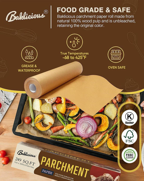 Unbleached Parchment Paper Roll for Baking, 13 in x 242 Ft, Non-stick Baking Paper for Cookies, Bread, Oven