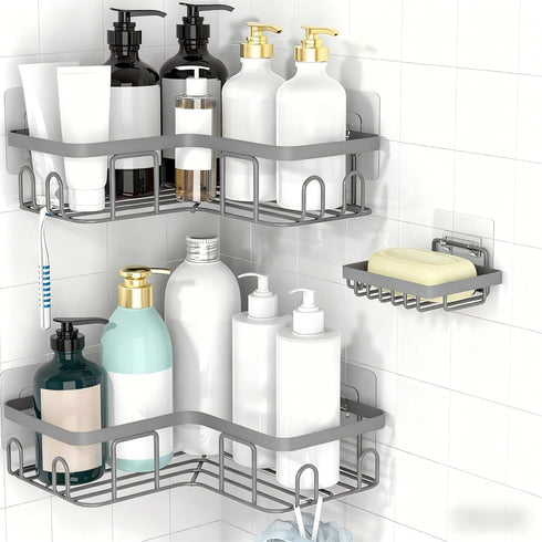 Moforoco Corner Shower Caddy Shelf Organizer Rack, Self Adhesive Grey Bathroom Shelves