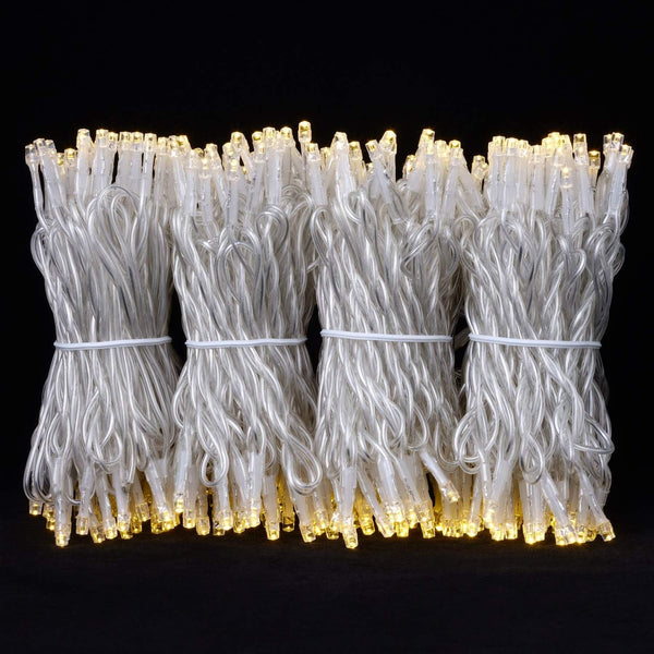 YULETIME 100 ft 300 Count Warm White LED String Lights, 8 Models Adapter, Clear Wire Wide Angle 5mm Christmas Lights