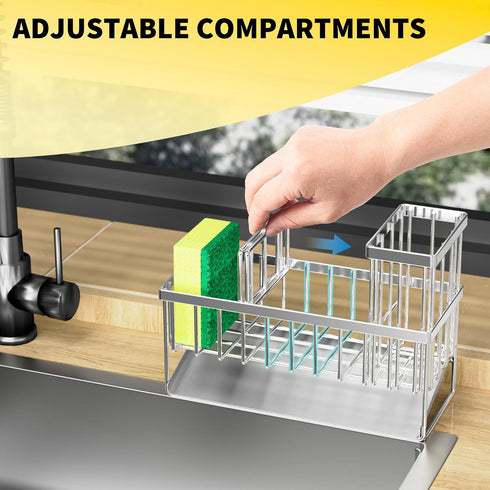 Cisily Sink Caddy Sponge Holder for Kitchen Sink, 304 Stainless Steel Rustproof Organizer with High Brush Holder