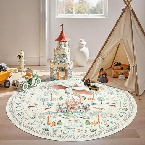 5Ft nesrt Washable Area Rugs Round for Living Room Non Slip, Beige Dragon Forest Circle Dining Room Rugs Low Pile, Soft