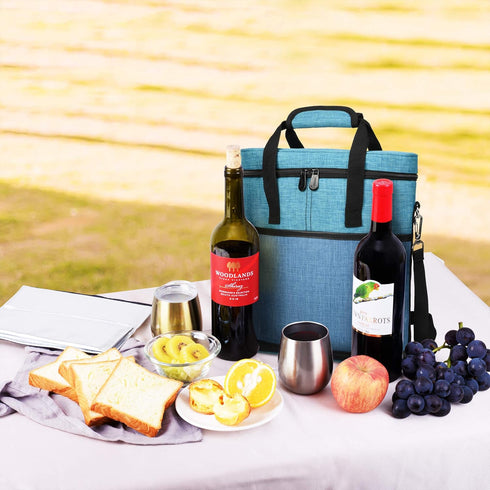 Tirrinia Insulated Wine Gift Carrier - 3 Bottle Travel Padded Cooler Tote Bag with Handle, Blue