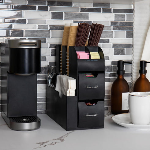 Countertop 5.35"W 11.25"L 11.15"H, Mind Reader Cup and Condiment Station, Organizer, Coffee Bar, Kitchen, Stirrers, x x