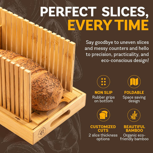 Bread Slicer for Homemade Bread - Bambuesi Upgraded Adjustable Bamboo Bread Cutter Board, Foldable Slicing Guide