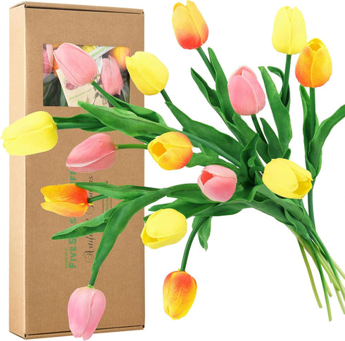 FiveSeasonStuff 15 Stems Real Touch Artificial Tulips, Lifelike Faux Flowers for Home, Weddings, Gifts & Spring Décor