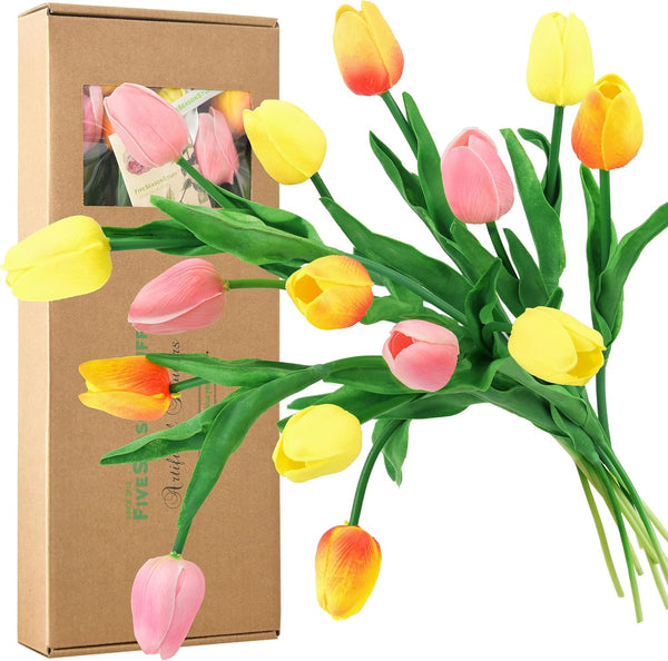 FiveSeasonStuff 15 Stems Real Touch Artificial Tulips, Lifelike Faux Flowers for Home, Weddings, Gifts & Spring Décor