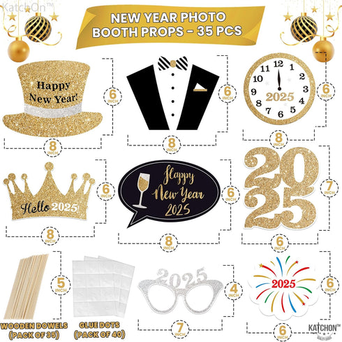 KatchOn Photo Booth Props for New Years Eve 2025 | Huge Pack of 35 | Happy New Year Decorations and Party Supplies