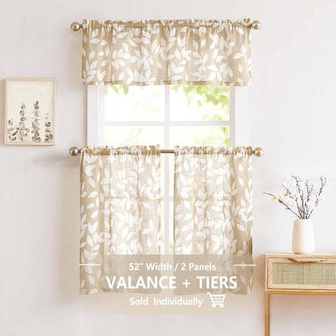 Treatmentex Leaf Valance Window Curtain, Kitchen Basement Bedroom, 52" W x 15" L, Taupe and White 1 Panel