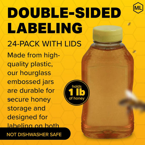 1 lb 24-Pack Mann Lake Refillable Hourglass Honey Jars | Plastic Containers with Yellow Flip-Top Lids | Empty Bottles