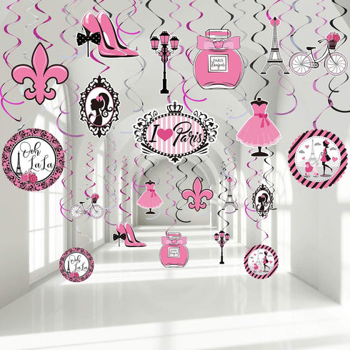 30 Pieces Paris Party Hanging Swirls Decorations, Pink Eiffel Tower & High Heels for Birthday Theme Supplies