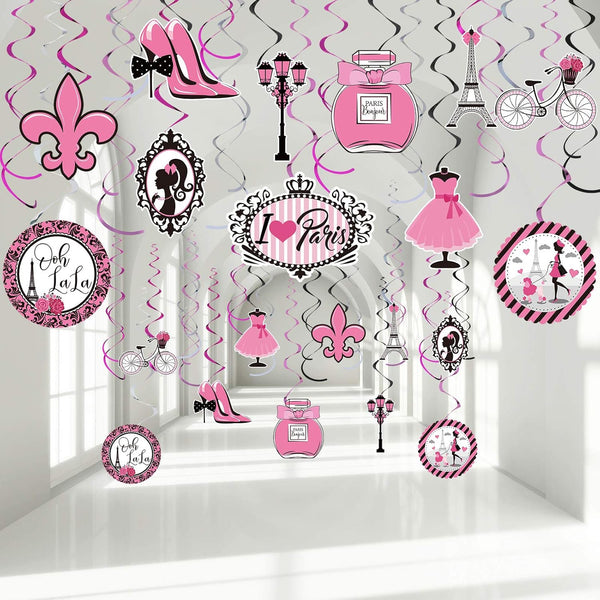 30 Pieces Paris Party Hanging Swirls Decorations, Pink Eiffel Tower & High Heels for Birthday Theme Supplies