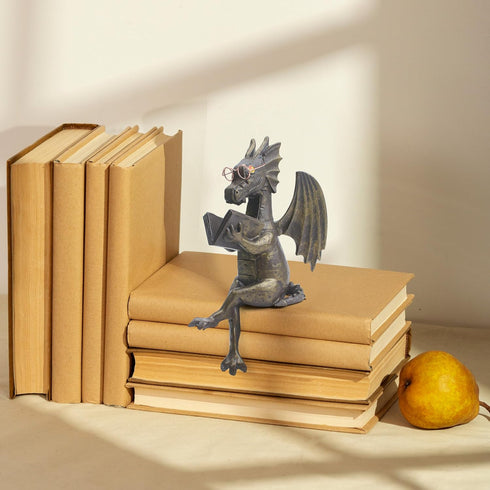 Dragon Reading Book Statue Figurine Sculpture, Wearing Glass Dinosaur Mini Cute Small Creative Ornament for Garden