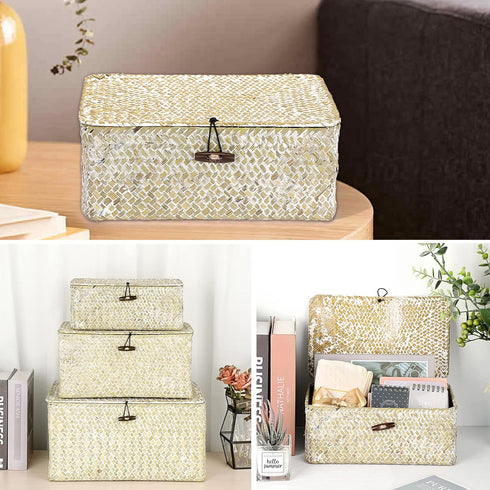 Hipiwe Wicker Shelf Baskets Bin with Lid, Natural Seagrass Storage Boxes, Multipurpose Home Organizer Bins