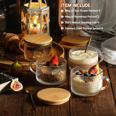 LANDNEOO 4pcs Set Vintage Coffee Mugs gifts for women, Overnight Oats Containers with Bamboo Lids and Spoons - 14oz Clear Embossed Glass Cups, Cute Coffee Bar Accessories, Iced Coffee Glasses by LANDNEOO