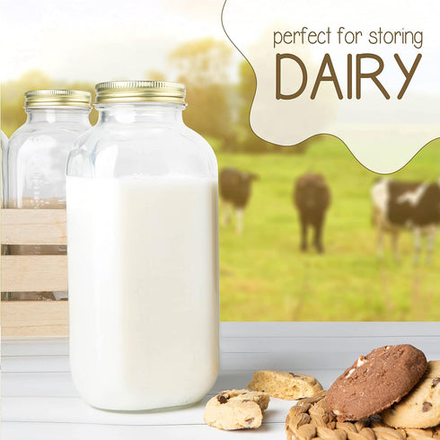 32oz Pack 2 kitchentoolz Large Glass Dairy Bottles for Milk, Yogurt, and More Containers with Measurement Markings