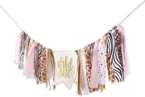 LINGANA 1st Wild One High Chair Banner - Cheetah Birthday Decorations,Wild Animal Print Fabric Banner,First Cheetah
