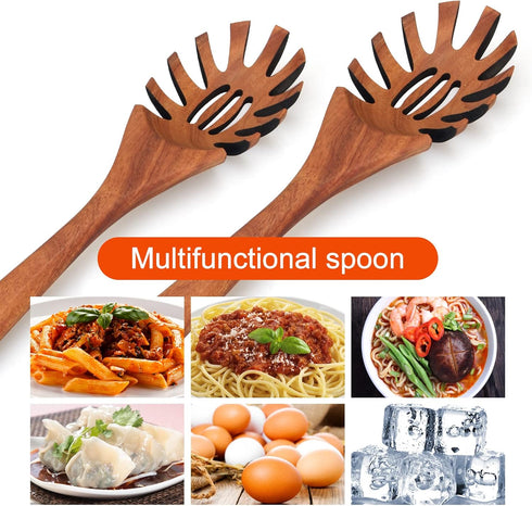 Best Wooden Pasta Spoon Spaghetti Fork 12.5 Inch Long Hand Pasta Serving Utensils Acacia Wood Spaghetti Server Spoon Pasta Forks Spaghetti Ladle Pasta Spatula Tool Noodle Spoon by Ayiaren