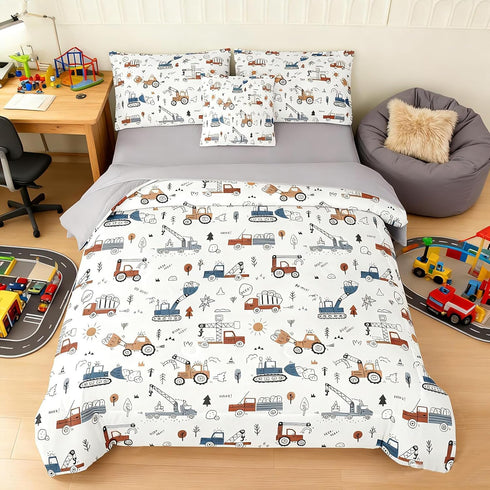 Peopleareok 6 Piece Construction Comforter Set Twin, Cartoon Truck Cars Excavator Tractor