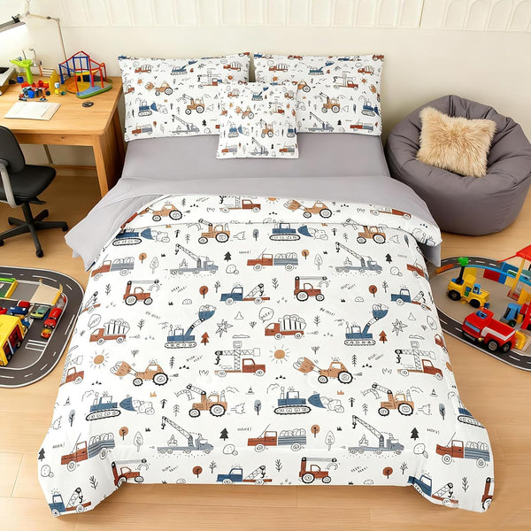 Peopleareok 6 Piece Construction Comforter Set Twin, Cartoon Truck Cars Excavator Tractor