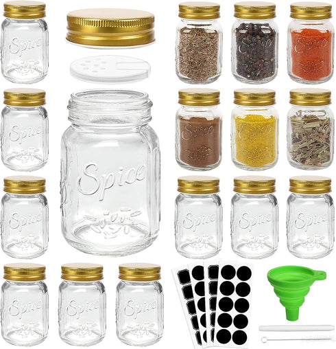CycleMore 15 Pcs 4oz Glass Mason Spice Jars - Empty Spice Bottles with Labels, Shaker Lids, and Accessories