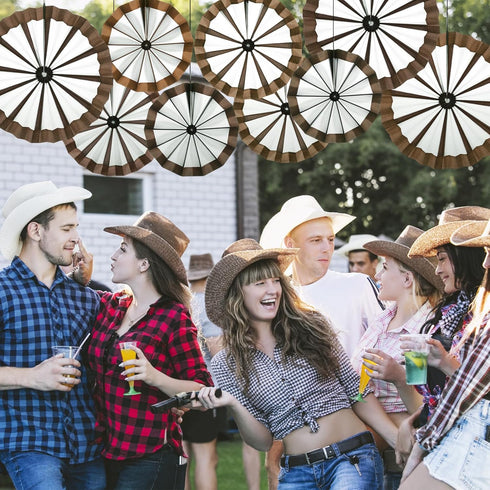 Outus 9 Pcs Wagon Wheel Decorations Paper Fans for Western Cowboy Themed Classroom Party Decor