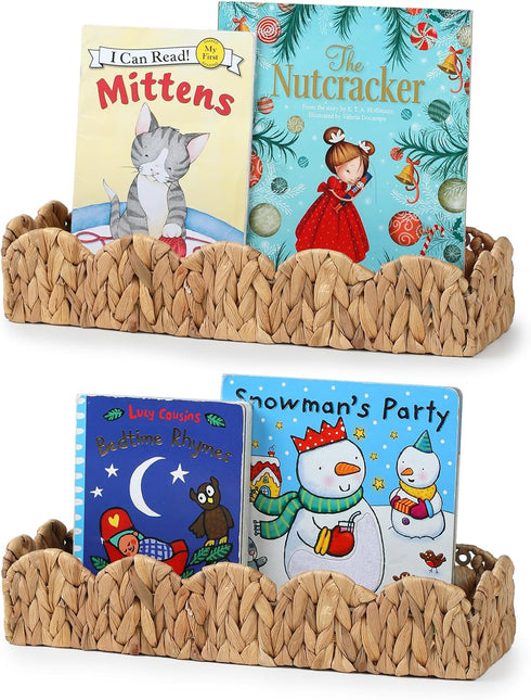 2 Pack Nursery Book Shelves, Scalloped Water Hyacinth Book Shelf for Kids