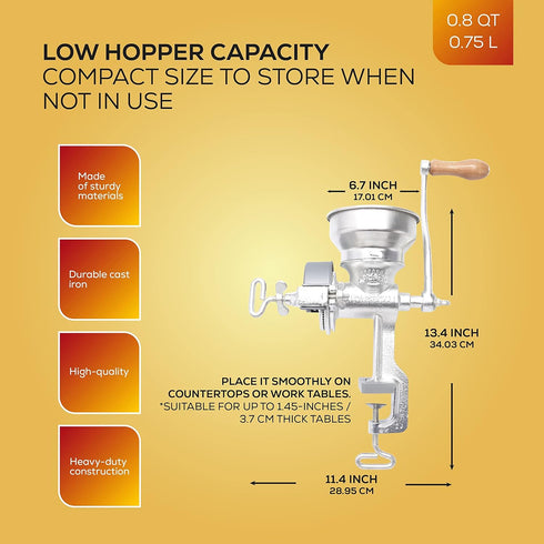 Corona Corn Grinder with Low Hopper, Manual Grain Mill for Corn, Rice, Cast Iron