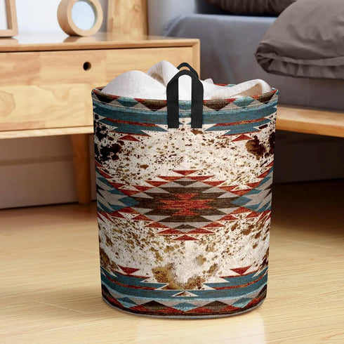 Western Aztec Cow Print Baby Laundry Hamper, Waterproof Storage Bin for Clothes Organizer, Room Decor