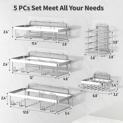 5 Pack Liuoud Shower Caddy Organizer Rack Shelf for Inside Shower, Self Adhesive Bathroom Wall Storage Basket Rustproof