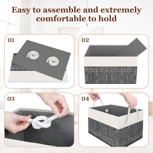 Storage Bin, Collapsible Storage Basket for Organizing, Large Storage Boxes with Rope Handles, White & Black, Pack of 3