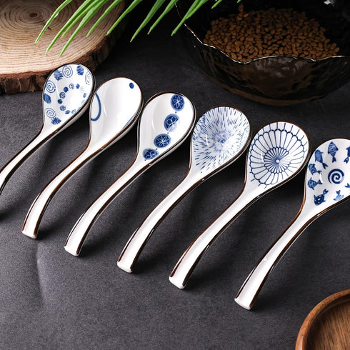 HANSGO 6 Pcs Asian Ceramic Soup Spoons, 6.5 Inch Long Handle Noodle Soup Spoons for Ramen Wonton