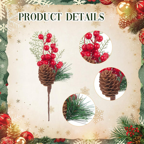 WILLBOND 24 Poinsettia Pcs Artificial Christmas Tree Picks Red Berry Pine Picks Spray Berry Branches Holly Pine Flower