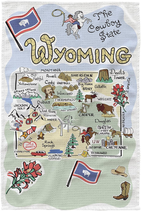 Fish Kiss 16"x24" Wyoming Map Dish Towel is of 100% Microfiber Waffle