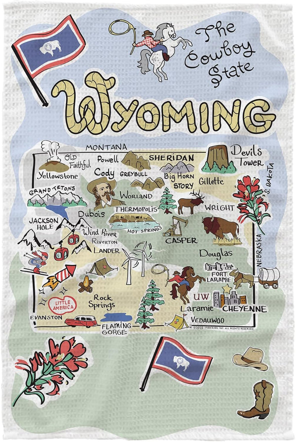 Fish Kiss 16"x24" Wyoming Map Dish Towel is of 100% Microfiber Waffle