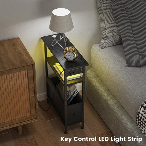 1 Creso hom Narrow Side Table with Charging Station and LED Light, Small End Table with Fabric Drawer, Skinny
