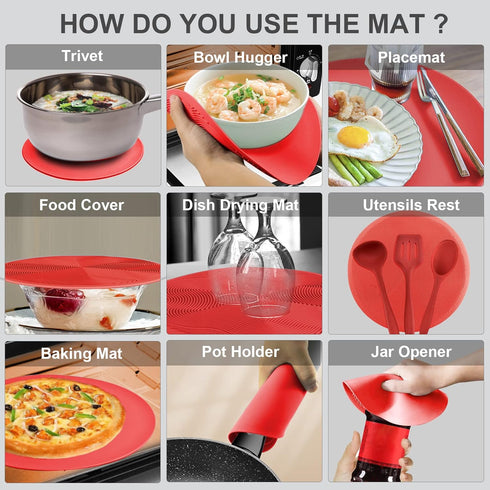 2 in 1 Aidacom Microwave Mat & Food Cover, Multi-use Silicone Trivet, Pot Holders, Drying, Baking, Red