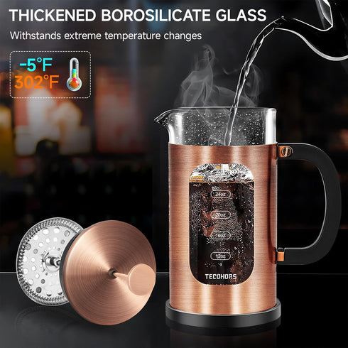 French Press Coffee Maker 34oz, 304 Stainless Steel Coffee Press with 4 Filters, Heat Resistant Borosilicate Glass