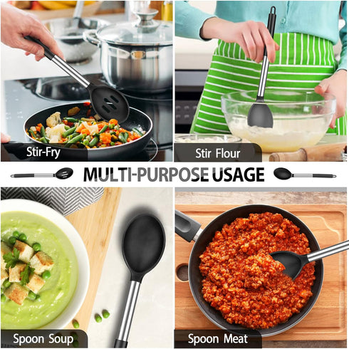 Pack of 4 Large Silicone Cooking Spatulas and Spoons, Non-stick Heat Resistant Kitchen Utensils, Black