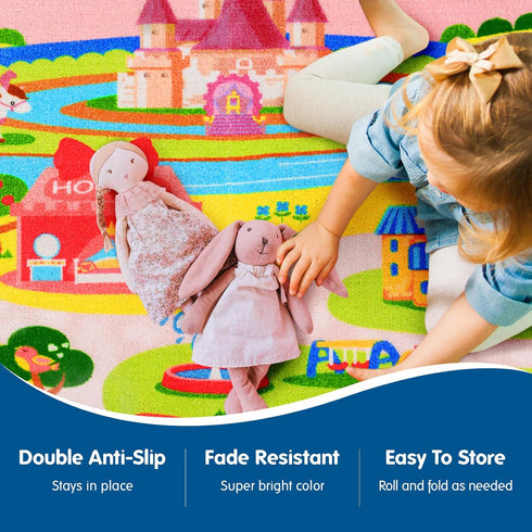 Play-Cozy Booooom Jackson Enchanting Kids Pink Castle Rug with Cartoon Park-Flower,Shoes,Clothes,House Design-Perfect