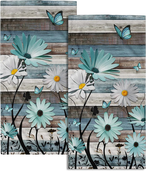 Giwawa Daisy Floral Hand Towels Rustic Wood Face Tea Towels Set of
