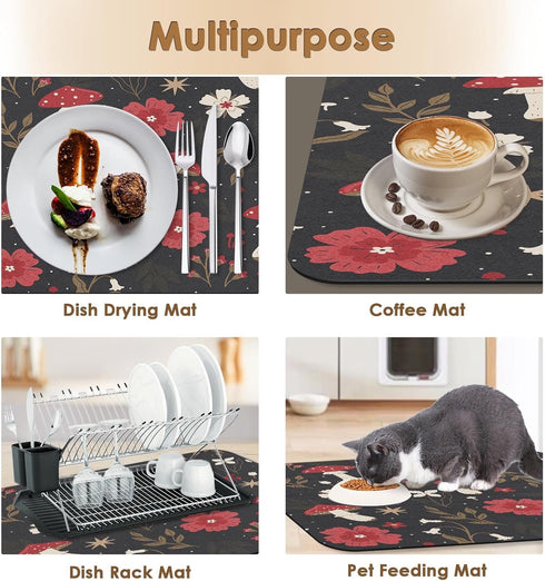Coffee Mat for Countertops, 2 Pcs Mushroom Red Floral Dish Drying Mat for Kitchen, Espresso Machine, Rubber 12x19in
