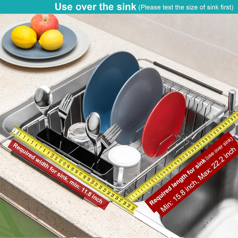 iPEGTOP Expandable Multifunctional Dish Drying Rack, Over The Sink or On Counter Dish Drainer with Black Utensil Holder