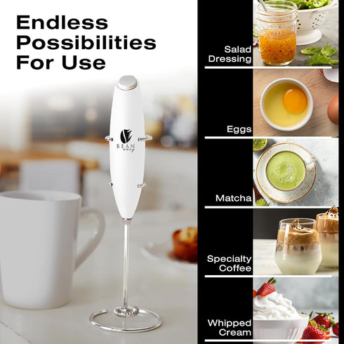 Bean Envy Handheld Milk Frother for Coffee - Electric Mini Drink Mixer Whisk & Coffee Foamer Wand with Stand for
