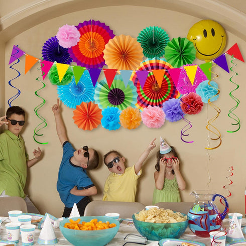 Huryfox 33pcs Fiesta Party Decorations - Colorful Mexican Themed Hanging Paper Fans, Pom Poms, and Streamers