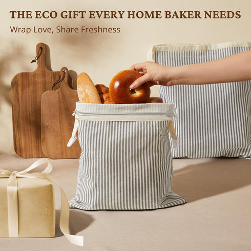 2-Pack 17x12.6in, BRONYPRO Reusable Beeswax and Linen Bread Bags with Zipper, Waxed Bread Bags for Homemade Bread