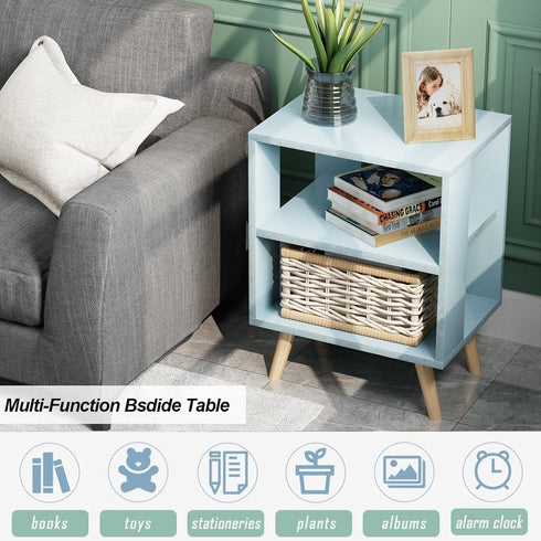 2-Tier Aenuert Night Stand, Blue Kids Nightstand, Modern End Table with Open Storage, Nursery Bedside Table for Small