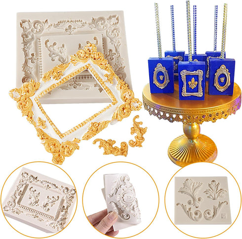 Baroque Silicone Fondant Frame Mold, Photo Cake Mold for Baking Wedding Birthday Party, Cupcake Toppers, Curlicues