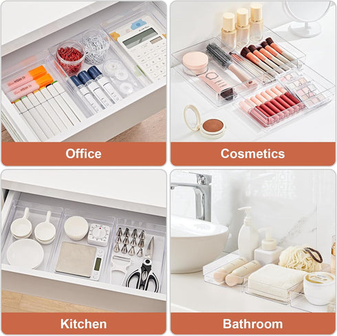 SMARTAKE 6 PCS Clear Plastic Drawer Organizers Set, Non-Slip Large Size Trays for Makeup, Office, Kitchen